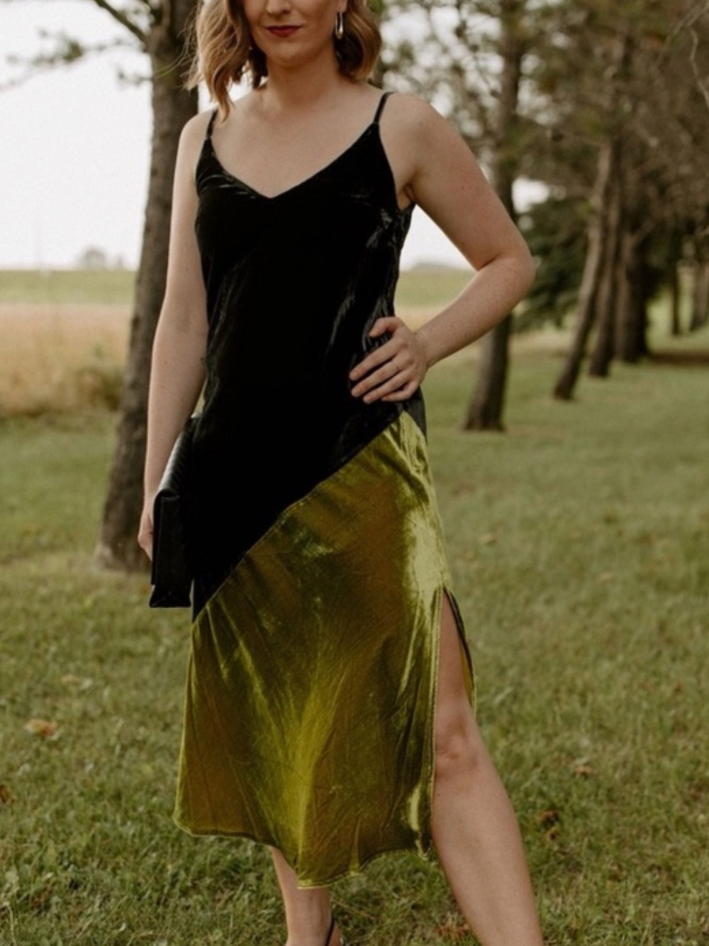 NWT FRNCH Engy Dress in Bleu Marine Velvet/Velour Shift Midi Green - Small